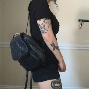 Black Leather Mini Backpack with Metal Handle